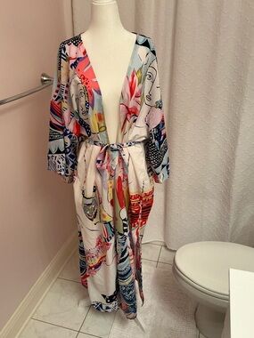 Colorful Abstract Print Long Kimono Robe